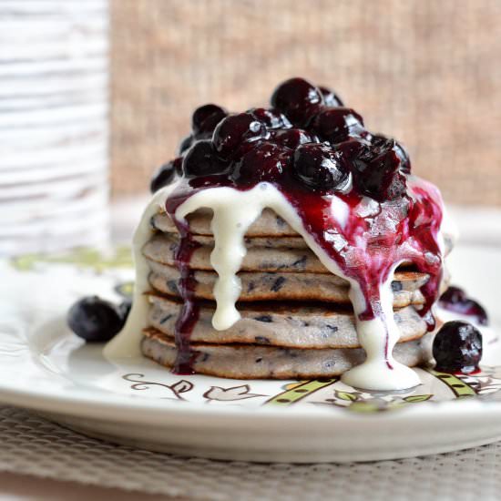 Vanilla Blueberry Cake Pancakes - Recipe photo by Our Wholesome Ways
