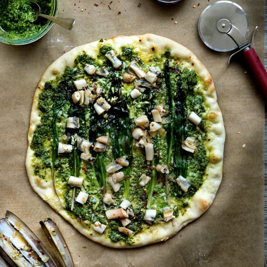 Ramp Pesto Pizza with Razor Clams - Recipe photo by wild greens