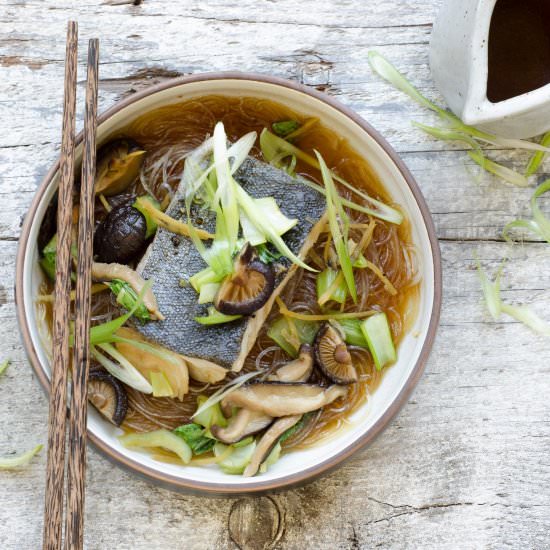 Fish and Shiitake Broth w Bok Choy - Recipe photo by borrowedsalt