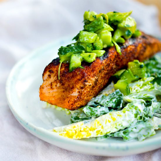 Grilled Salmon w/ Avocado Salsa - Recipe photo by Feasting at Home