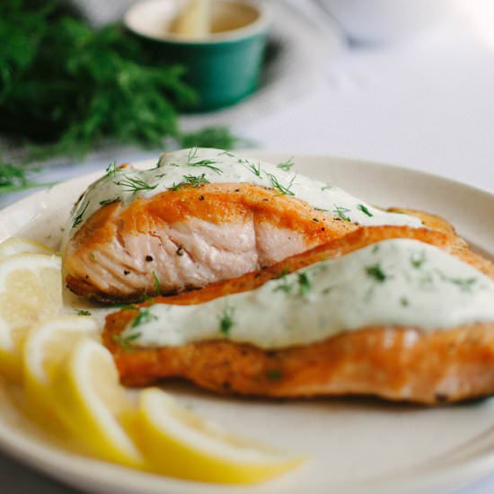 Salmon with Wasabi Dill Sauce - Recipe photo by sprigandflours