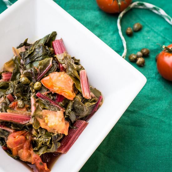 Ruby Chards with Capers and Tomatoes - Recipe photo by adashofoliveoil