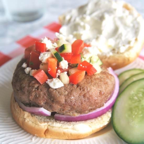 Greek Burgers with Whipped Feta Spread - Recipe photo by thetastybite