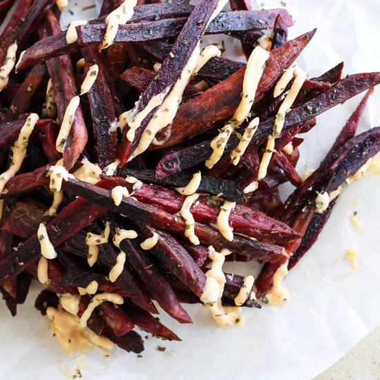 Purple Yam Fries with Sriracha Mayo - Recipe photo by estalystic