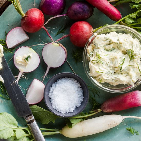 Radishes with Garlic Scape Butter - Recipe photo by dishing up the dirt