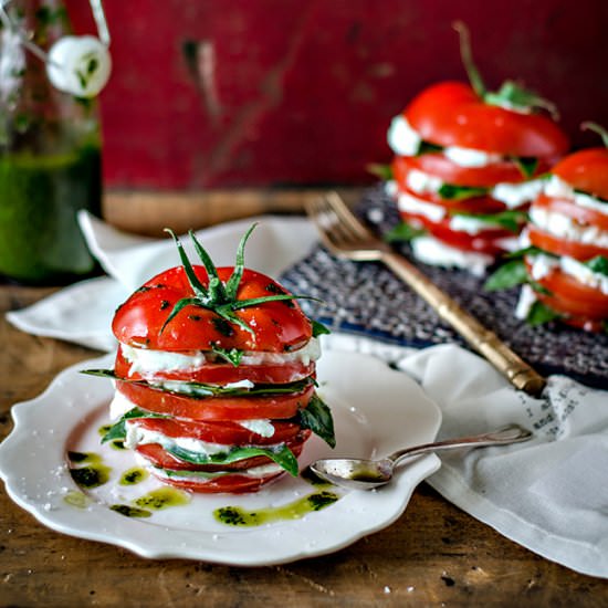 Caprese stack with basil oil - Recipe photo by ChewTown