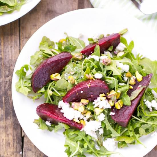 Roasted Beet Salad with Goat Cheese and Pistachios - Recipe photo by lslfunblog