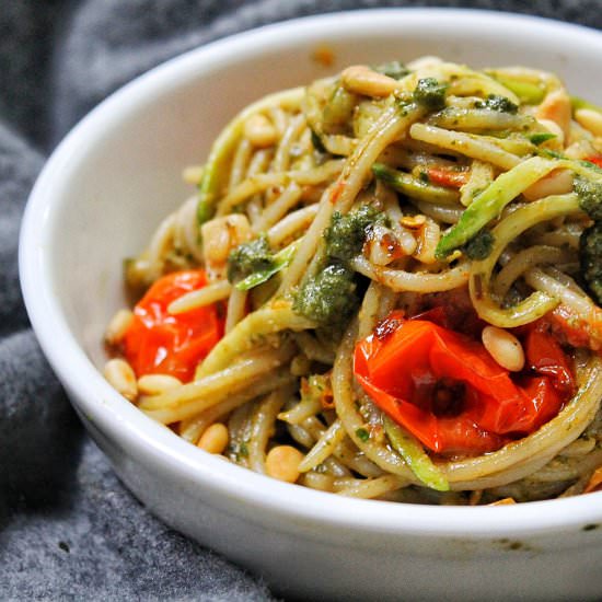 Roasted Tomato and Pesto Pasta - Recipe photo by cleaneatinggoddess
