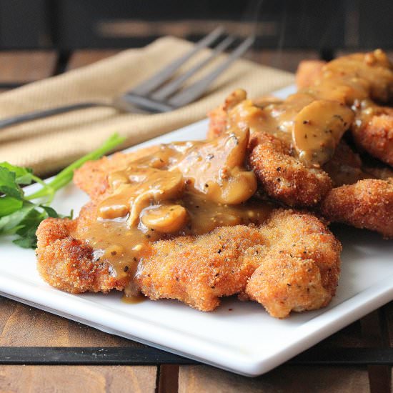 German Schnitzel with Mushroom Gravy - Recipe photo by HowToFeedaLoon