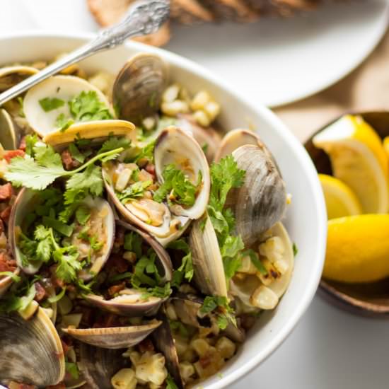 Clams with Chorizo, Corn + Cilantro - Recipe photo by ColeyCooks