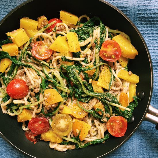 Spaghetti with Veggies & Mint Pesto - Recipe photo by kalememaybe