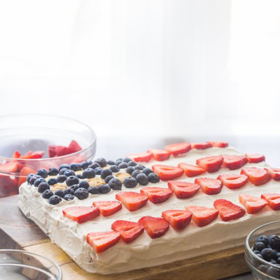 Flag cake w/whipped cream frosting - Recipe photo by 40aprons