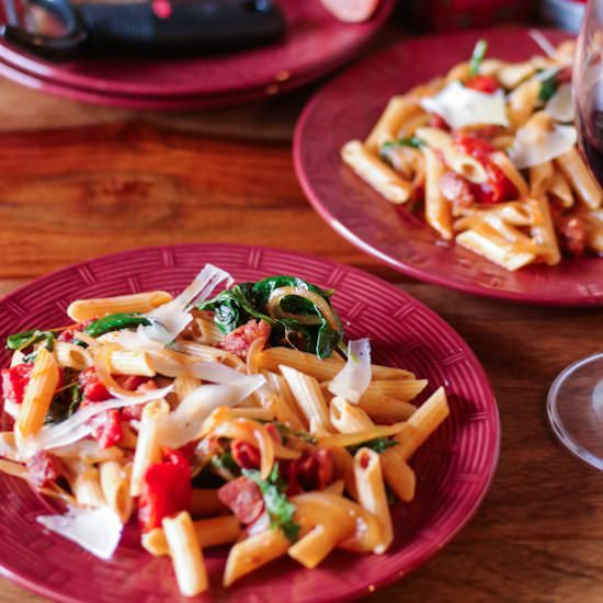 Spanish Pasta With Sausage & Greens - Recipe photo by beyondmeresustenance
