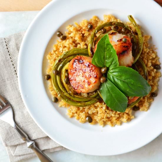 Scallops with Grilled Garlic Scapes - Recipe photo by SimpleSeasonal