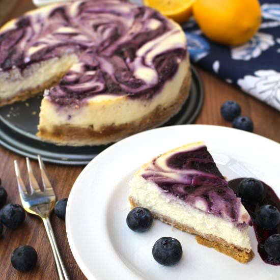 Lemon Blueberry Swirl Cheesecake - Recipe photo by peanutbutterandfitness