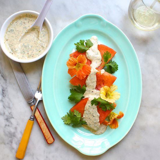 Watermelon with Spicy Tahini Sauce - Recipe photo by the good eats co
