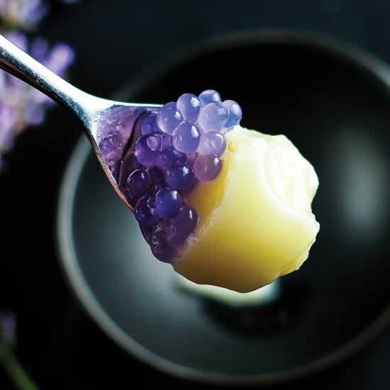 Tofu Pudding with Lavender Caviar - Recipe photo by estalystic