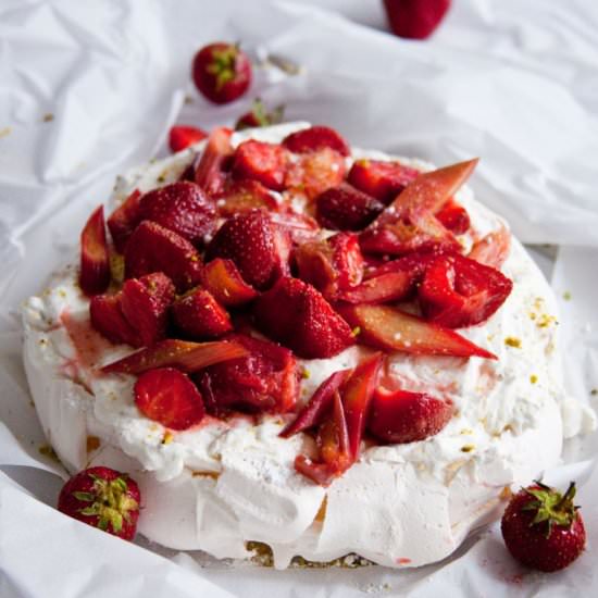 Strawberry Rhubarb Pavlova - Recipe photo by NorthDixieKitchen