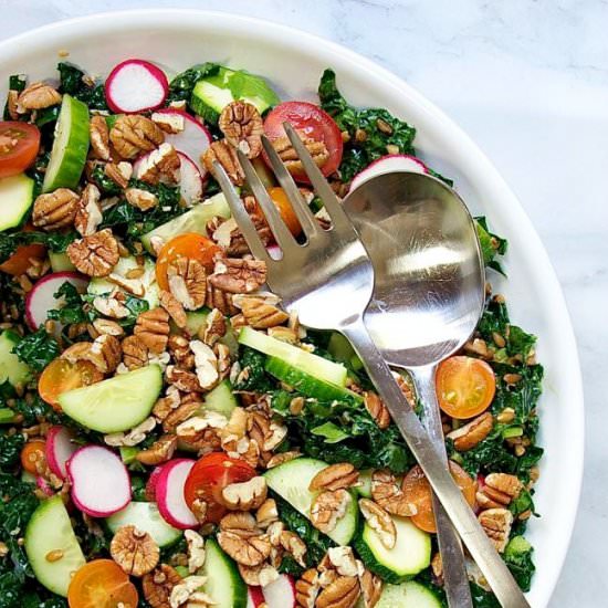 Raw Vegetable Farro Salad w/ Pecans - Recipe photo by PinchandSwirl
