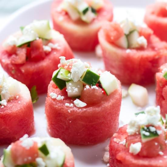 Watermelon, Feta and Cucumber Cups - Recipe photo by cookingforkeeps