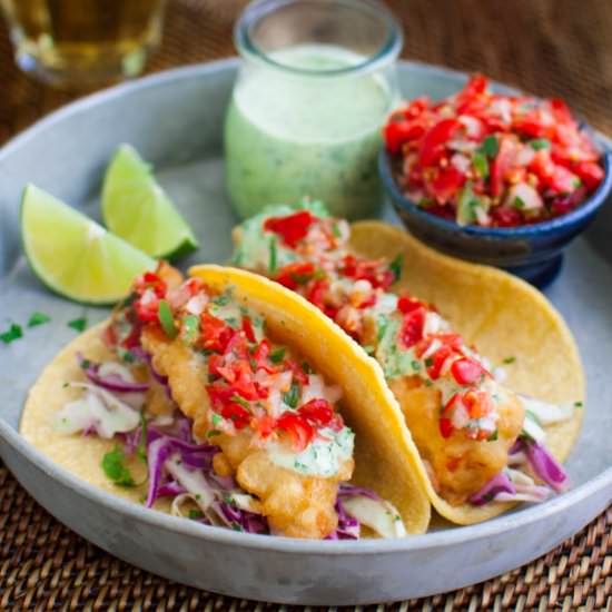 Beer Battered Fish Tacos - Recipe photo by tamingofthespoon