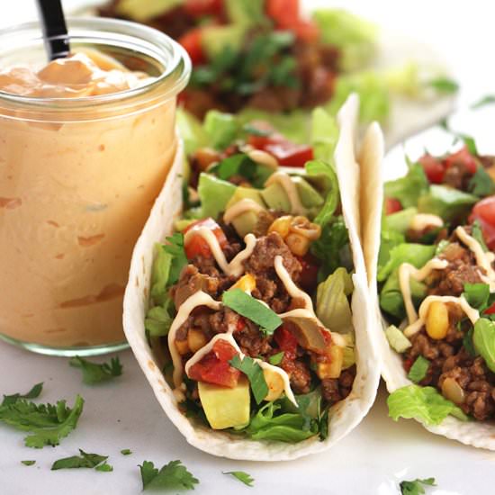 Tex-Mex Tacos with Sriracha Mayo - Recipe photo by EatInEatOut Magazine