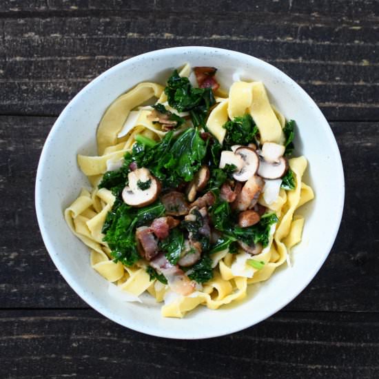Tagliatelle, Bacon, Kale, Crimini - Recipe photo by baconeggcheesecake