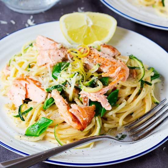 Pan Fried Salmon & Spaghetti - Recipe photo by KitchenSanctuary