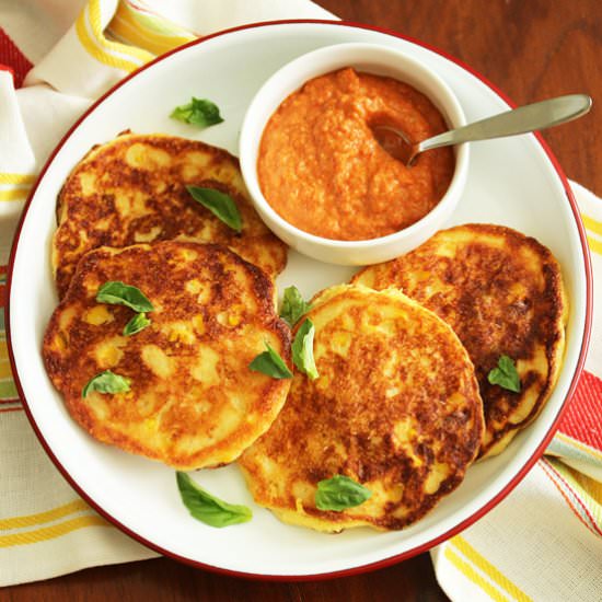 Corn Pancakes with Romesco Sauce - Recipe photo by CookandBeMerry