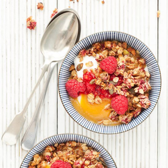 Peach Melba & Raspberry Granola - Recipe photo by littlesugarsnaps