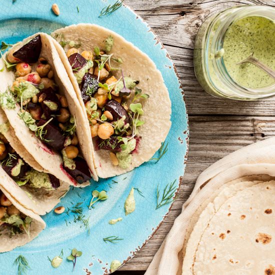 Beet & Chickpea Tacos - Recipe photo by dishing up the dirt