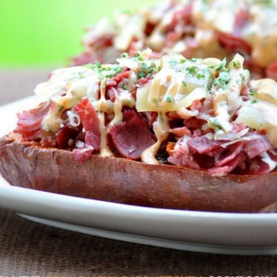 Reuben Stuffed Sweet Potatoes - Recipe photo by Peace Love and Low Carb