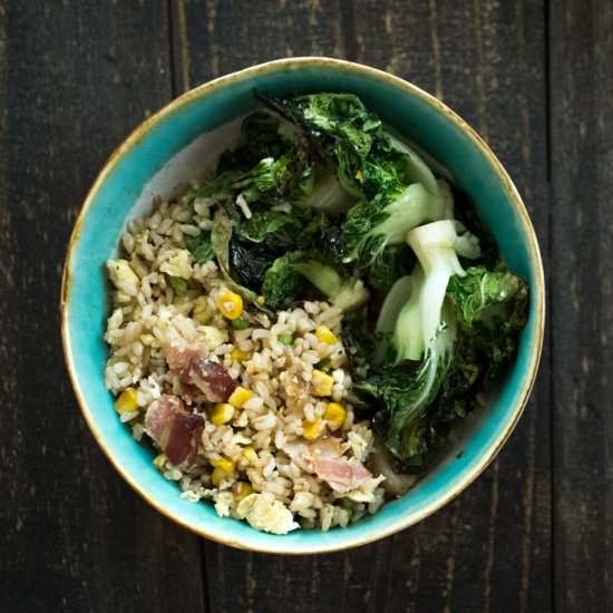 Bacon fried rice, roasted bok choy - Recipe photo by baconeggcheesecake