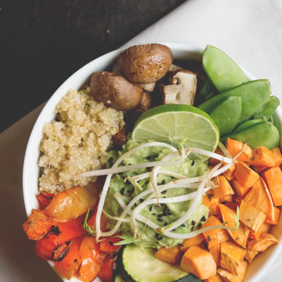 Roasted Veggie Bowl & Avocado Dip - Recipe photo by JuYogi