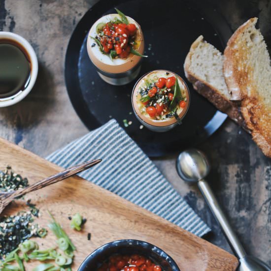 Ramen Soft Egg & Sriracha Caviar - Recipe photo by dinexdesign