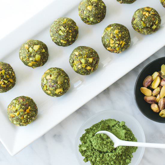 Matcha Pistachio Bliss Balls - Recipe photo by Downshiftology