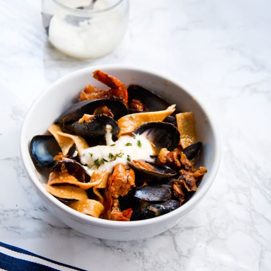 Gochujang & Mussel Noodle Paella - Recipe photo by NorthDixieKitchen