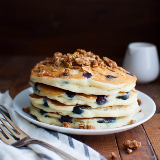 Blueberry Streusel Pancakes - Recipe photo by tamingofthespoon
