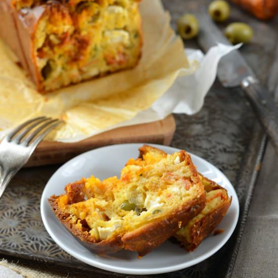 Chorizo, olive and feta cheese cake - Recipe photo by tangerinezest
