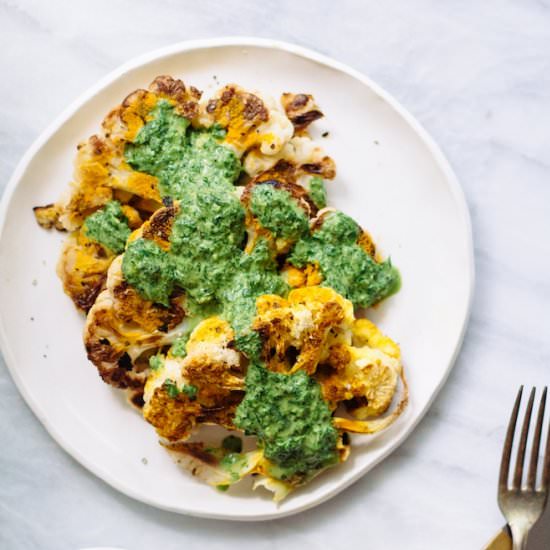 Cauliflower Steaks with Mint Chutney - Recipe photo by Nutrition Stripped