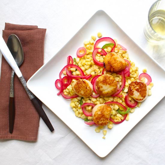 Scallop Corn Salad Pickled Onion - Recipe photo by the good eats co