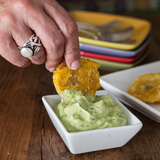 Tostones with Avocado Cream Sauce - Recipe photo by Ethnic Spoon