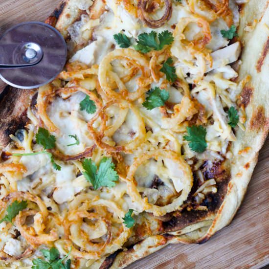 BBQ Chicken Pizza w/Crispy Onions - Recipe photo by wrightfamilytable