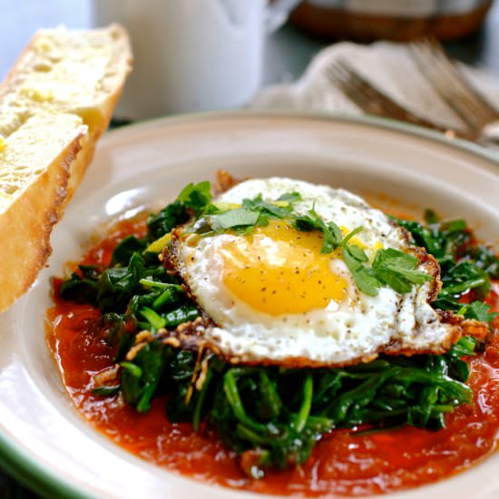 Wilted Greens & Crispy Eggs - Recipe photo by Ciao Chow Bambina