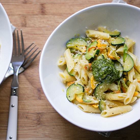 Penne Zucchini Blossoms and Pesto - Recipe photo by sugarlovespices