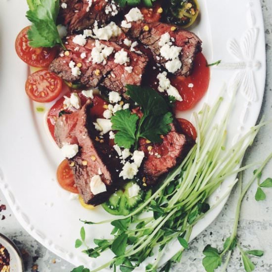 Beef Bavette with a Tomato Salad - Recipe photo by WholesomeCook