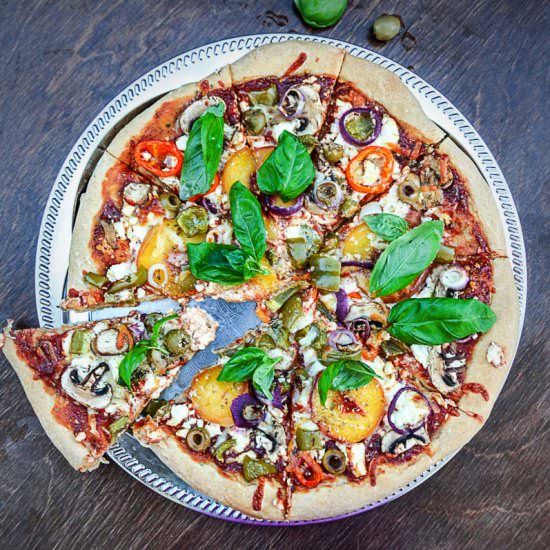 Whole wheat peach mushroom pizza - Recipe photo by Anu@MyGingerGarlicKitchen
