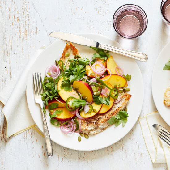 Chicken with Pickled Peach Salad - Recipe photo by Marley Spoon