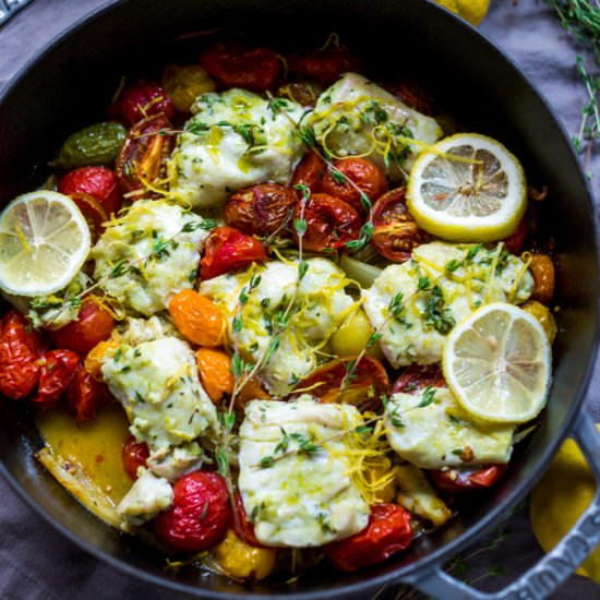 Baked fish w/ roasted tomatoes - Recipe photo by Feasting at Home
