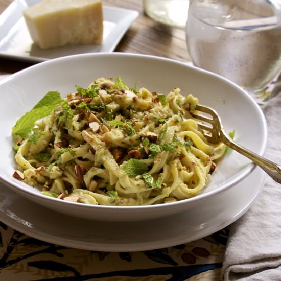 Fettuccini w. Zucchini & Mint Pesto - Recipe photo by From the Athletes Kitchen